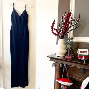 Windsor Black Bodycon Plunge Neck High Slit Lace Trim Back Evening Gown | Small